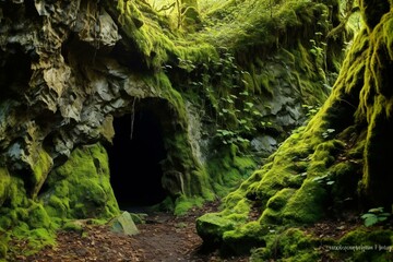 A moss-covered cave entrance in an isolated rock arch. Generative AI