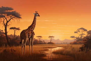 Beautiful image of a giraff and mother walking in the dry grass of savanna at sunset. African wildlife. Generative Ai