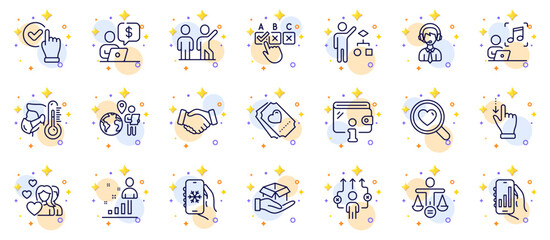 Outline set of Touchscreen gesture, Hold box and Outsource work line icons for web app. Include Love ticket, Business way, Air conditioning pictogram icons. Music, Shipping support. Vector