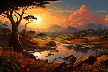 Sunset in the African savanna, amzing afica, wildlife, Generative AI