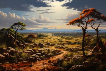 Sunset in the African savanna, amzing afica, wildlife, Generative AI - obrazy, fototapety, plakaty