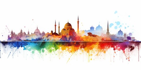 Naklejka premium Rainbow Aquarelle Silhouette of Istanbul's Iconic Cityscape, Showcasing Hagia Sophia, Blue Mosque, and the Rich Tapestry of Turkish Culture