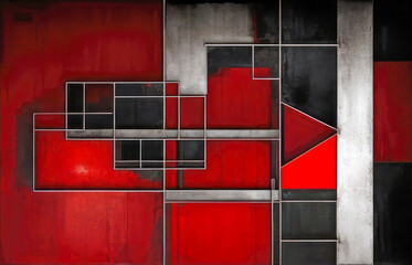 Constructivism weathered grungy industrial style abstract art background or cover template. Blocks of deep red and grey shapes framed with thick straight outlines.