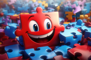 Gleeful Puzzle Piece’s Adventure: Leading Animated Parade in Whimsical, Transforming Puzzle World, Children's Book Illustration, Cartoon-like Objects
