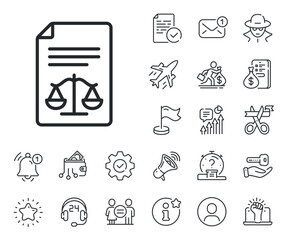 Justice scales sign. Salaryman, gender equality and alert bell outline icons. Legal documents line icon. Judgement doc symbol. Legal documents line sign. Spy or profile placeholder icon. Vector