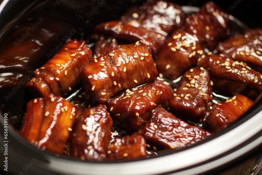 Sticker close-up of sticky ribs in a slow cooker