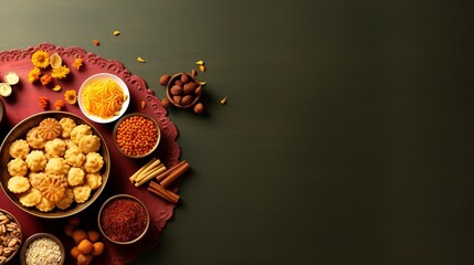 Minimalist Diwali Feast. A tasteful flat lay of festive foods and snacks for a happy celebration
