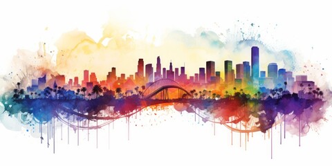 Rainbow Aquarelle Silhouette of Los Angeles' Iconic Cityscape, Featuring the Hollywood Sign, Griffith Observatory, and Coastal Treasures in Vibrant Splendor