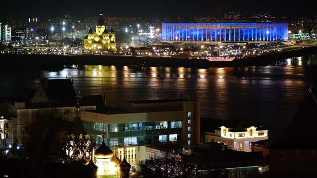 Nizhny Novgorod, Russia - 3 October, 2023: View of Strelka with the Alexander Nevsky Cathedral and the stadium from the Nizhny Novgorod Kremlin.