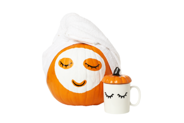 PNG, pumpkin with face mask and towel, isolated on white background