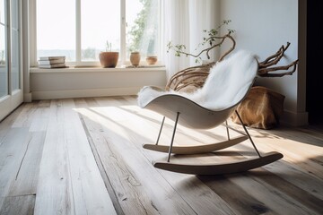 Aged wooden floor with a white chair. Gives off vacation vibes. Generative AI