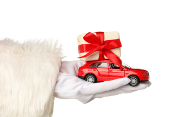 PNG, car in hands with Christmas decorations, isolated on white background.