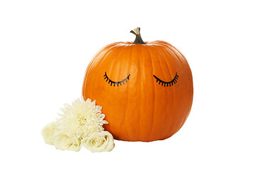 PNG, Pumpkin with eyelashes and white flowers, isolated on white background