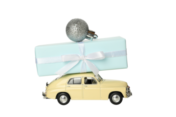 PNG, New Year's gifts with a car, isolated on a white background.