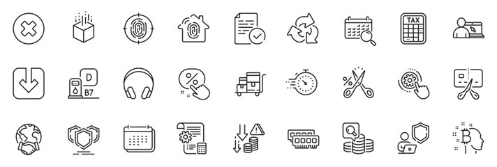 Fototapeta na wymiar Icons pack as Load document, Diesel station and Fingerprint access line icons for app include Global business, Shield, Compliance outline thin icon web set. Online education, Ram. Vector