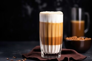 a latte macchiato in a glass with milk, coffee, and foam layers