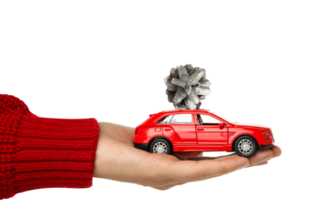 PNG, car in hands with Christmas decorations, isolated on white background.