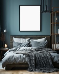 An empty poster frame in the bedroom in Nordic Noir Style. Created with Generative AI technology