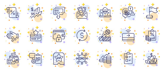 Fototapeta na wymiar Outline set of Inspect, Dao and Tax document line icons for web app. Include Loyalty card, Checklist, Sale pictogram icons. Milestone, Growth chart, Vip ticket signs. Budget accounting. Vector