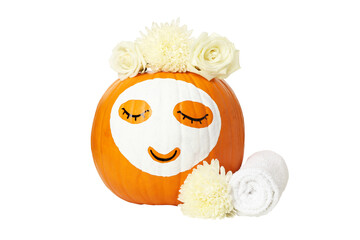 PNG, Pumpkin with eyelashes and flowers, isolated on white background