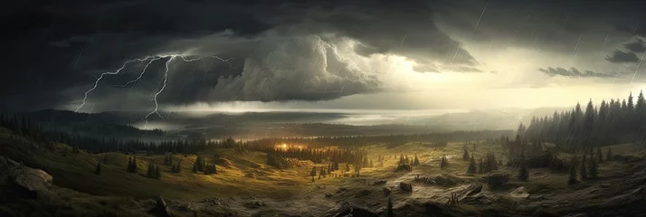 Fototapeten Stormy weather with lightning panorama © Robert Kneschke