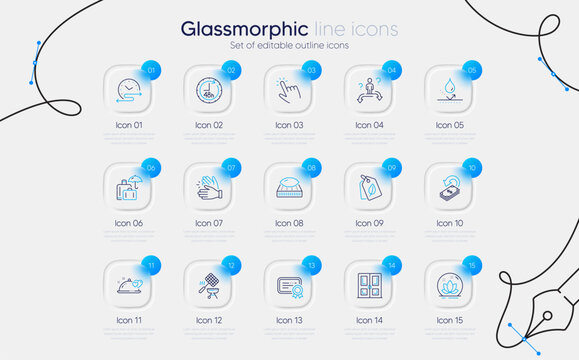 Set of Mattress, Romantic dinner and Certificate line icons for web app. 48 hours, Cursor, Bio tags icons. Business choice, Clapping hands, Cashback signs. Grill basket, Door, Lotus. Vector