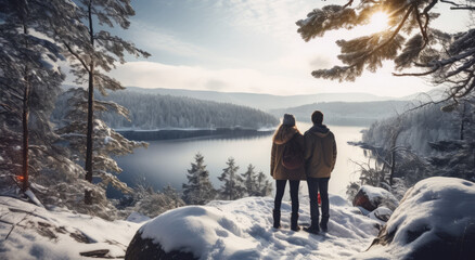 Beautiful couple on the mountain top in winter, on the beautiful mountains admiring the lake....