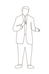 Line art of young businessman standing in a full formal wear presents his work. office business public speaking confidence.