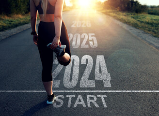 Sports girl who wants to start the year 2024. New Year 2024 with new ambitions, challenge, plans,...