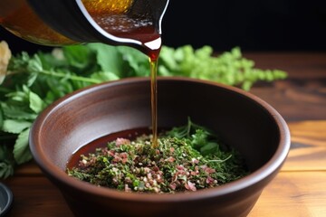 sprinkling herbs into a bowl of rustic bbq sauce
