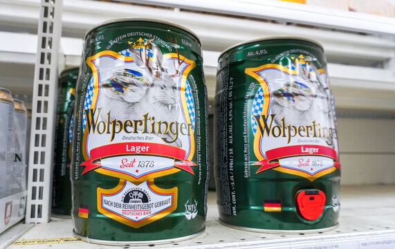 Wolpertinger german alcoholic canned beer in a big cans on the shelf in a superstore