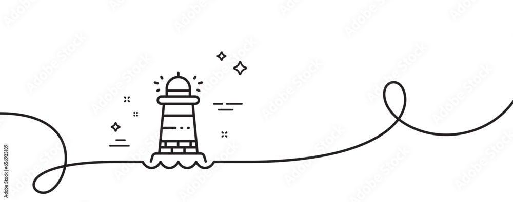 Poster lighthouse line icon. continuous one line with curl. searchlight tower sign. beacon symbol. lighthou