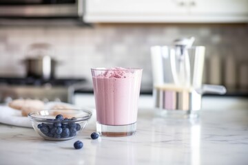 making a blueberry milkshake on a kitchen counter