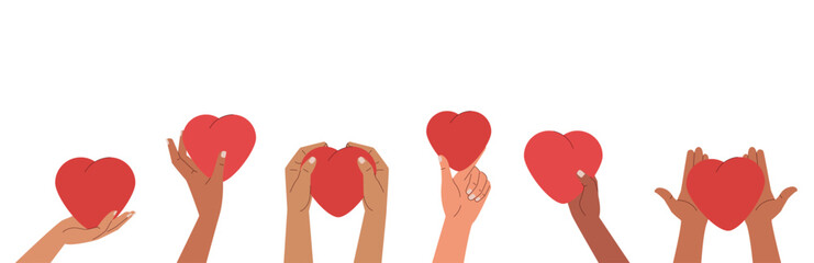 Human hands holding and giving red hearts. Concept of sharing love, compassion with people. Love symbols banner