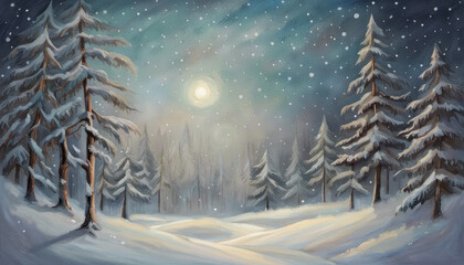 Beautiful winter landscape scene with snow and moon and copy space
