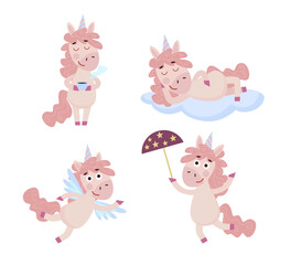 Set of funny cartoon pink Unicorn. Happy unicorn character holding cup of tea, dreaming on the cloud, walking with umbrella and flying on wings