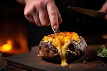 hand holding a knife, through hot melted cheese in a stuffed mushroom