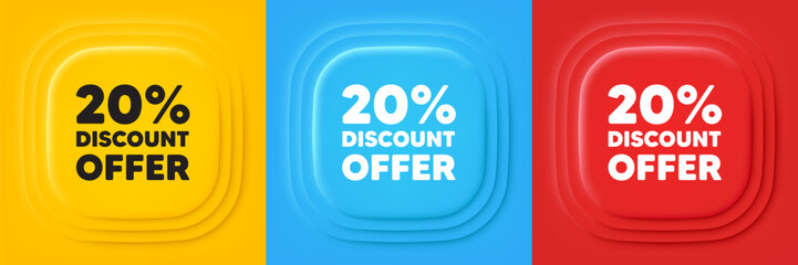 20 percent discount tag. Neumorphic offer banners. Sale offer price sign. Special offer symbol. Discount podium background. Product infographics. Vector