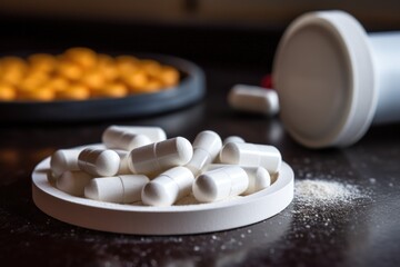 bcaa capsules scattered on a gym weight plate