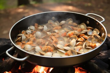 campers stovetop filled with bubbling clams