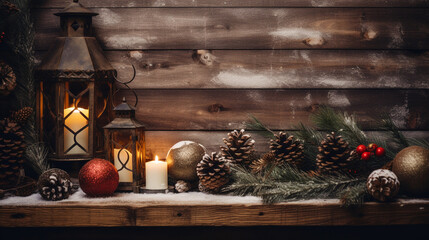 A rustic and cozy scene featuring a variety of classic Christmas decorations placed artfully on a textured wooden background