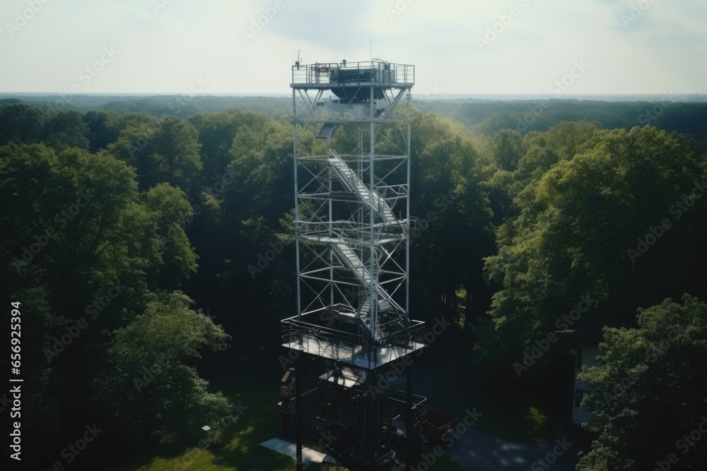 Aufkleber a black and white photo of a tower standing tall in the middle of a dense forest. this image capture