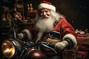 Santa Claus and gifts on a motorcycle as a vehicle. AI generative
