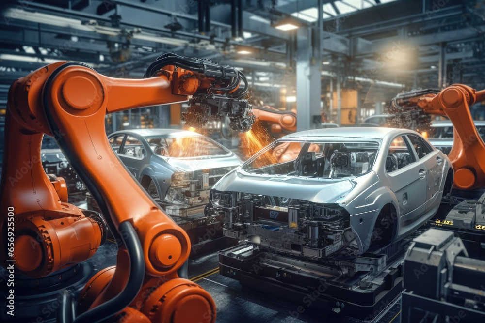 Aufkleber An image of a car being assembled in a factory with the help of robots. This picture can be used to showcase modern manufacturing techniques and automation in the automotive industry.