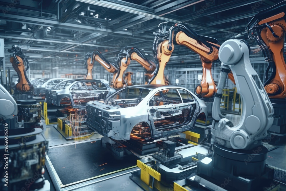 Poster a car being assembled in a factory. this image can be used to depict the manufacturing process of au