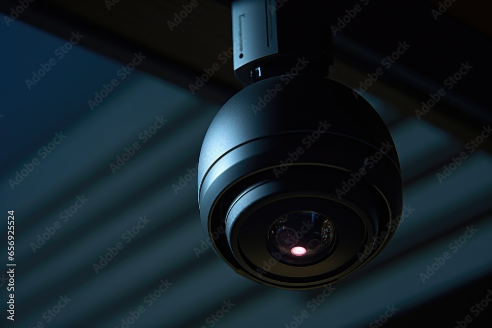Poster a close up view of a camera mounted on a ceiling. this image can be used to depict surveillance, sec