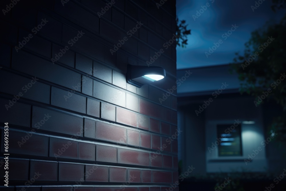 Aufkleber a black and white photo of a light illuminating a brick wall. this picture can be used to add a vint