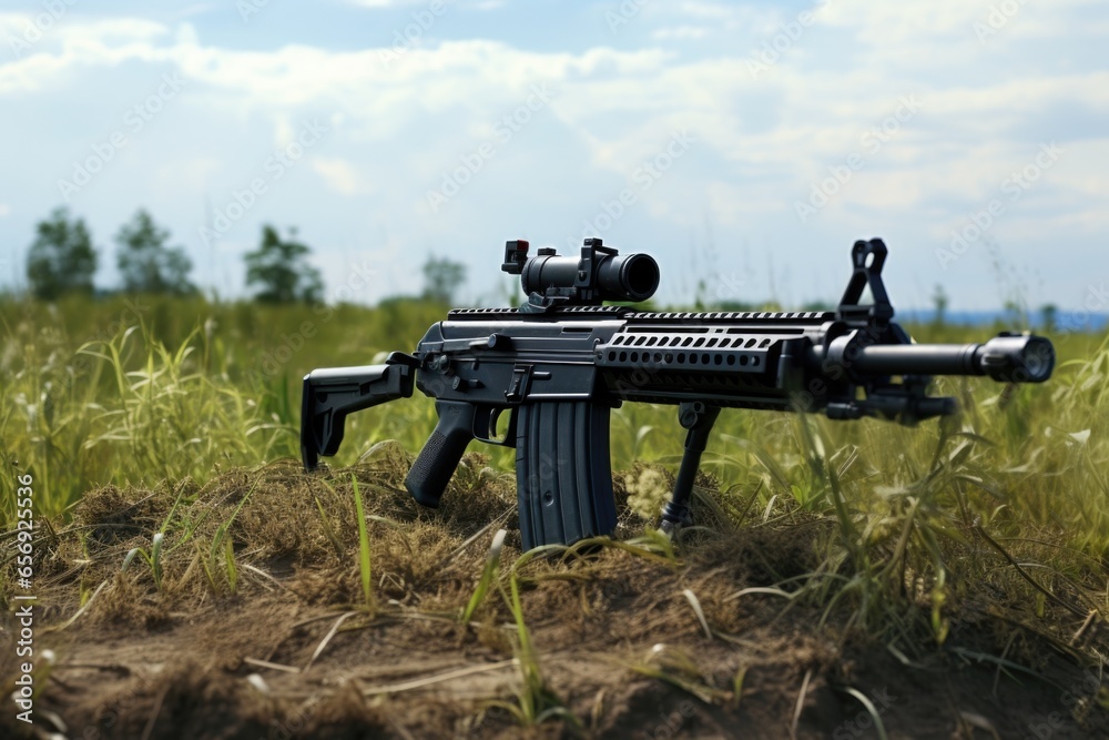 Poster A machine gun placed on top of a vibrant and fertile green field. This image can be used to depict military equipment or the contrast between nature and conflict.