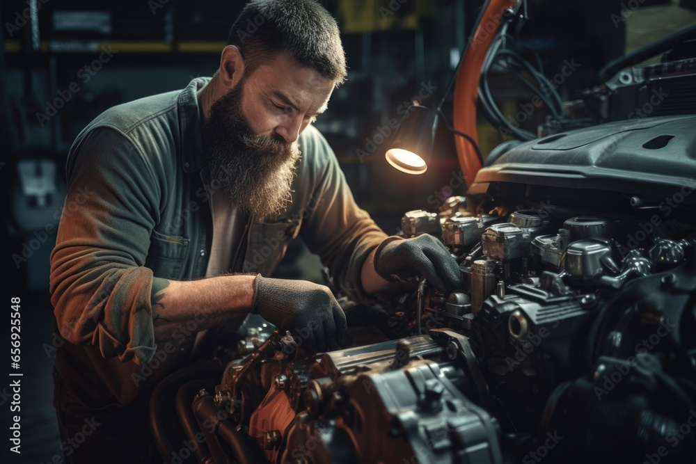 Aufkleber a man is seen working on a car engine in a garage. this image can be used to depict car repairs or m