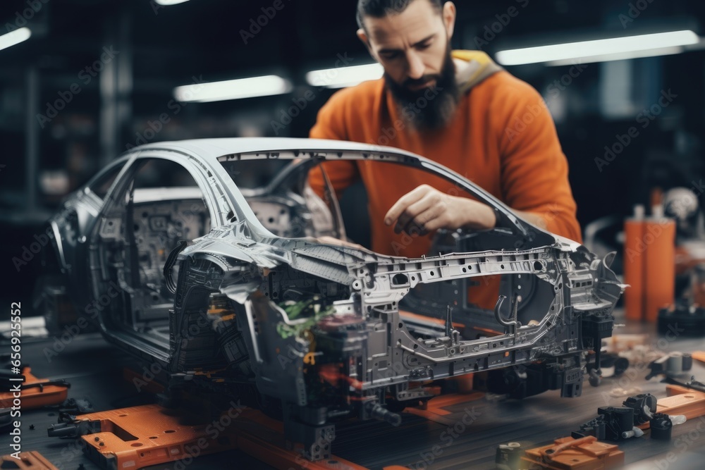 Poster a man is seen working on a car in a factory. this image can be used to showcase automotive repairs o